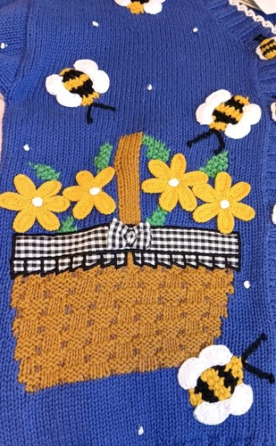 RARE-Longaberger NWT Hand Knit Cardigan Sweater Bees Baskets Blue Fall SizeLARGE - Picture 4 of 23