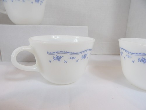 CORNING CORELLE PYREX MORNING BLUE COFFEE TEA CUPS MUGS SET 4 VTG Milk Glass - Picture 12 of 22