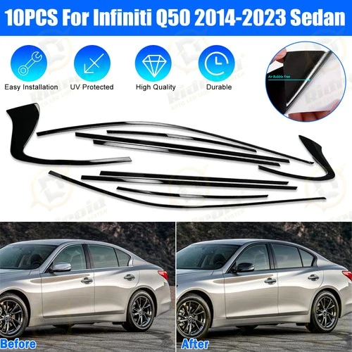 Chrome Delete Blackout Overlay for 2014+ Infiniti Q50 Q50S Sedan Window Trim L+R