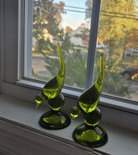Pair Mid Century Modern GREEN GLASS Long Tail Birds- Viking Style - AS IS Tails