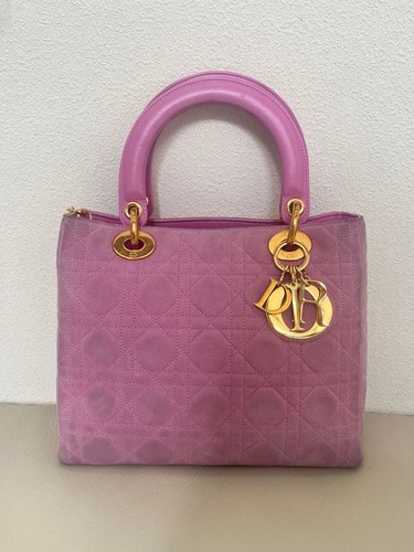 Christian Dior Lady Dior Cannage Handbag, Suede, Pink  w/ Strap Auth Good
