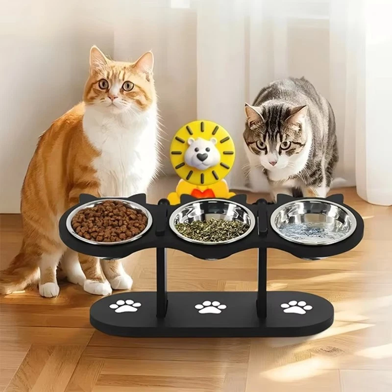 Futterstation Katzen Katzennapf Erhöht mit 3 Futternapf Edelstahl Wassernapf Set - Bild 2 von 4