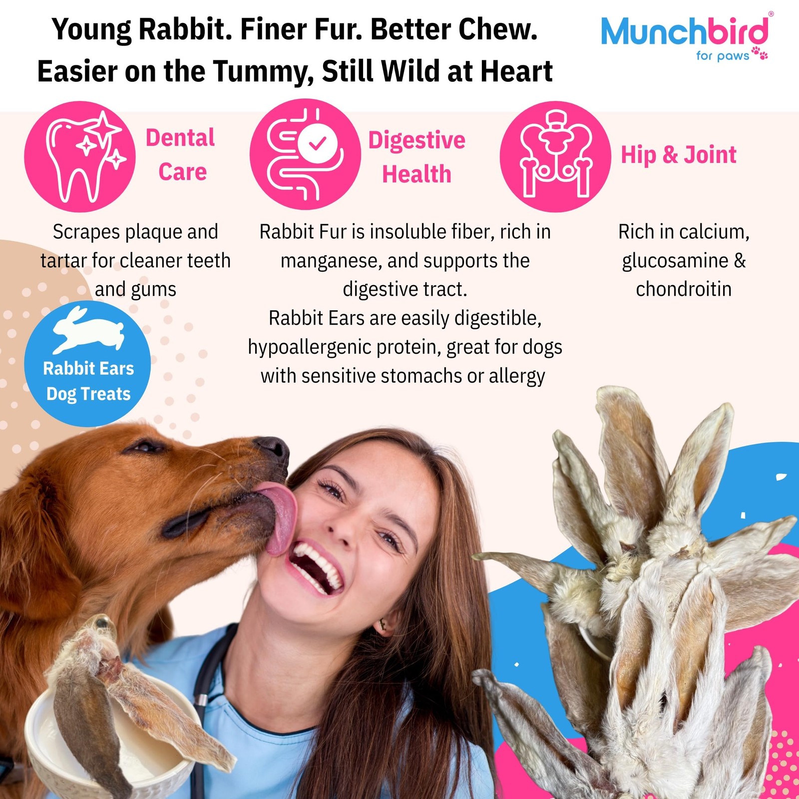 Dehydrated Rabbit Ears 100g (3.5 oz) 12-15 pcs for Dogs, European Furry ...