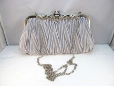 Silver Satin Ruched Evening Clutch Purse with Rhinestones Detachable Chain Strap