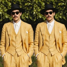 Yellow Linen Men's Suits Summer Beach Wedding Tuxedo Outdoor Casual Three Pieces