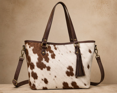 Genuine Cowhide Hair On Hide Leather Women's Shoulder Tote Bag Brown White