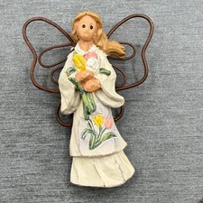 Floral Angel Figurine Wire Wings Flower Bouquet Rustic Cottage Decor Collectible