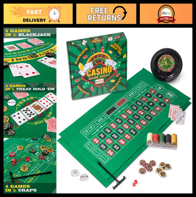 4-in-1 Casino Game Set with Felt, Wheel, 100 Chips, Dice & Cards - Blackjack, Ro