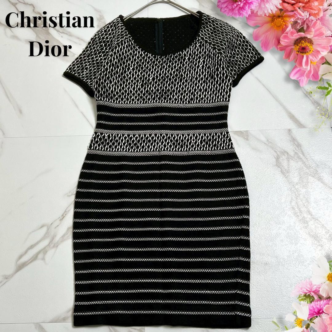 Christian Dior Dress Elegant Black White M Size Cotton Short Sleeve