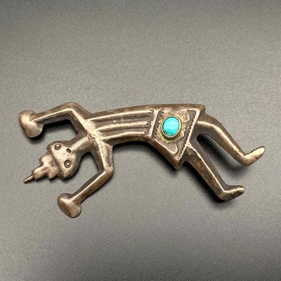 Vintage Rainbow Yei Kachina Turquoise Hand Stampwork Sandcast Silver Pin Brooch