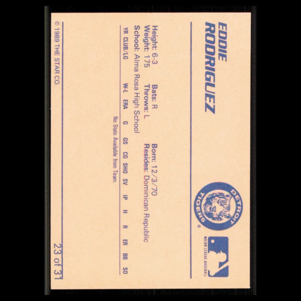 Eddie Rodriguez #23 1989 Star Minor League Bristol Tigers Baseball Card MLB NM - Image 2 of 3