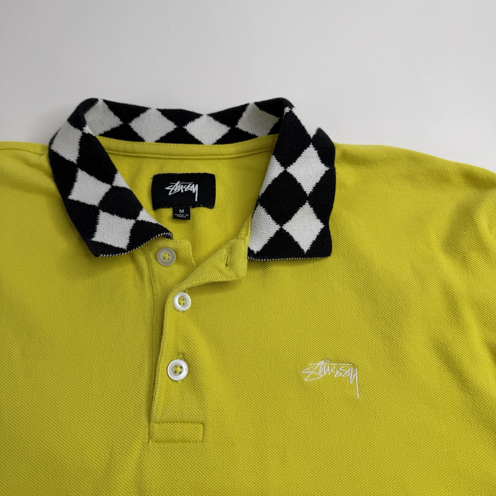 Stussy Louie Long Sleeve Yellow Polo Checkerboard Collar size Medium thumbnail 3