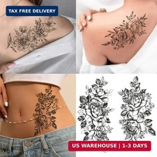 12 Sheets 3D Black Flower Temporary Tattoos For Women Rose Peony Flower