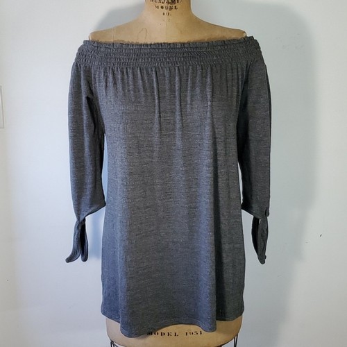WHBM Size M Top Blouse Off Shoulder 3/4 Sleeve Grey Smocked Jersey Long Stretch