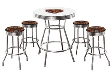 Bar Table 5 pc Set White Table w 4 Bears Fabric Swivel Bar Stools