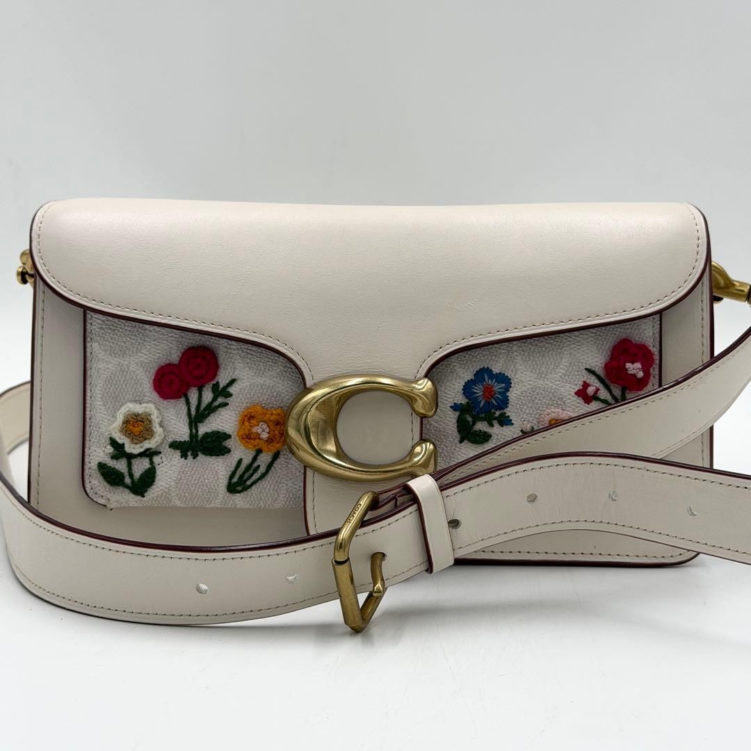 Coach Tabby Embroidered Flower Shoulder Bag White Used Authentic