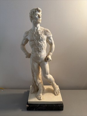 A Santini Italian Alabaster Gladiator Sculpture 18'' Tall on Marble Made in Italy
