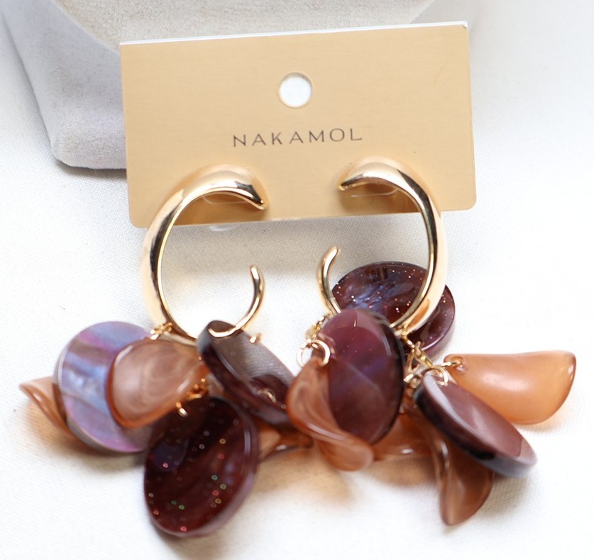 Nakamol Gold Tone Brown Multicolor Beaded Dangle Hoop Earrings $34 New