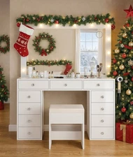Vanity Desk with Mirror, Makeup Vanity 11 Drawers & Chair, White, Christmas Gift