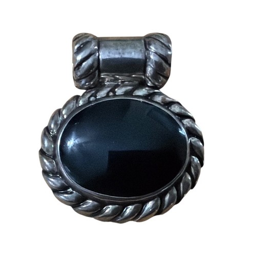 Silver Tone Black Oval Stone Pendant Necklace Charm Artsy Elegant Gift