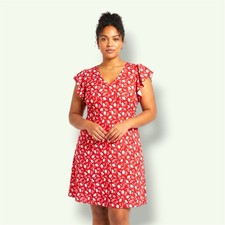 Just Fashion Now Women's XL A-Line Dress Red White Floral V-Neck Zip