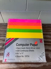 Vintage Z-International Neon Computer Paper 9.5" x 11" 200 Sheets