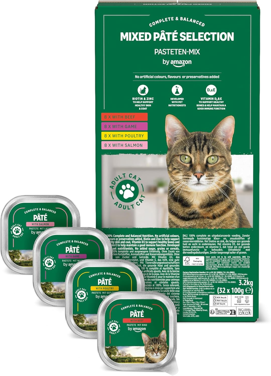 Nourriture humide pour chats de toutes races : lot 32 sachets pâté mélangé sans céréales 100g