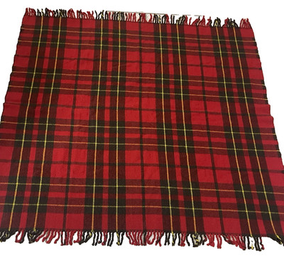 Fairbault Blanket 100% Virgin Wool Throw Plaid Red Black Yellow Fringed