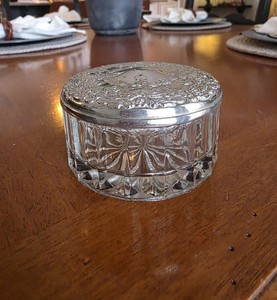 Vintage KIG Indonesia Glass Silver Plate Trinket Powder Dresser Vanity Jar