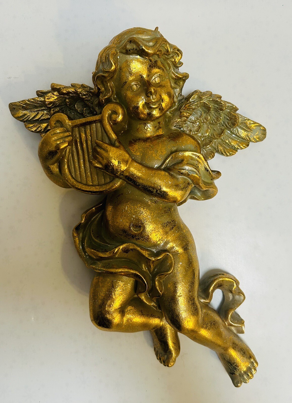Cherub Golden Angel Harp Wall Plaque Hanging Decor Resin