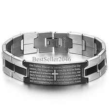 Men Women Stainless Steel Cross English Bible Lords Prayer Religious Bracelet