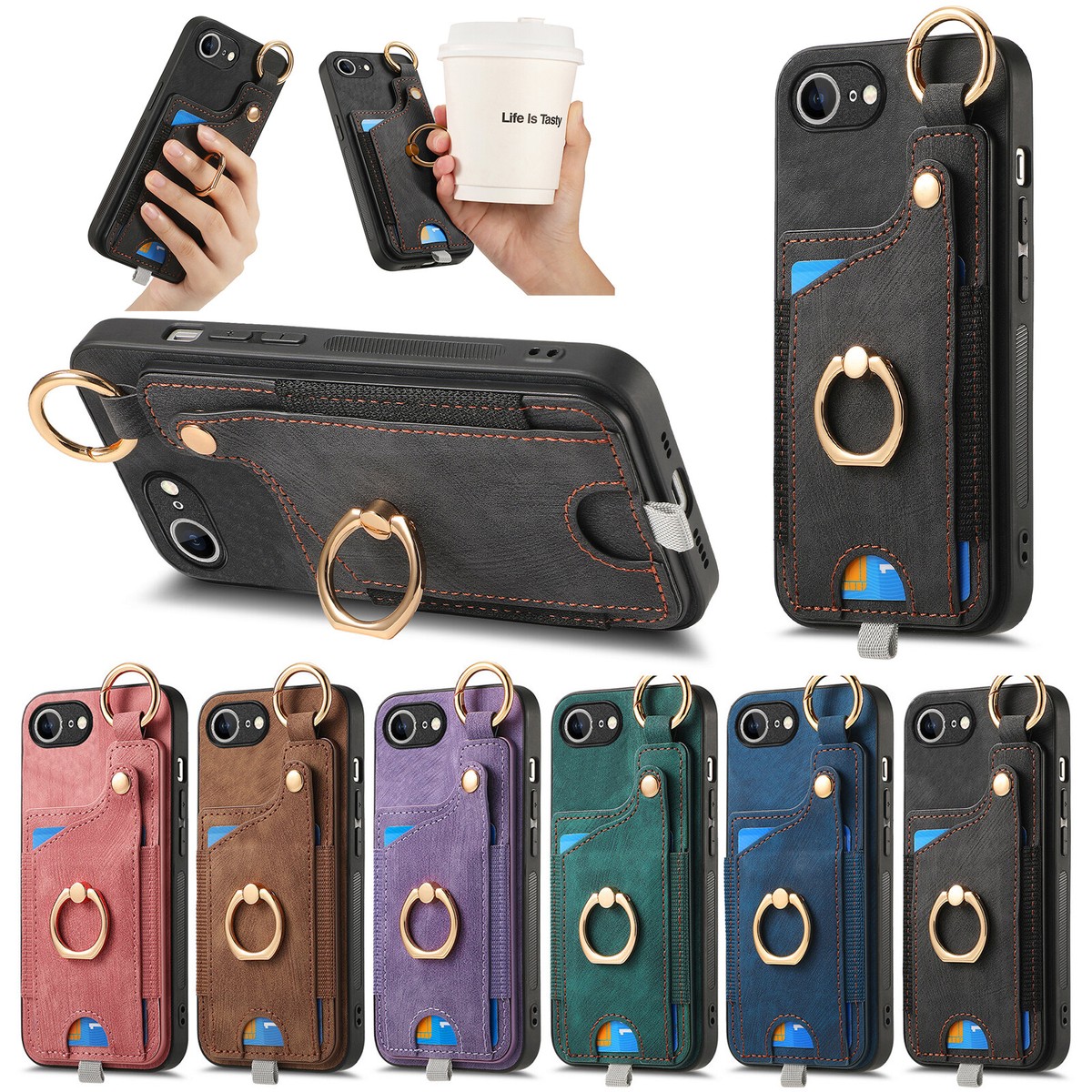 Allytechgroup IPhone 16e Case With Screen Protector & Cards Holder, Premium PU Leather TPU Inner Shockproof Ring Holder Stand Hand Strap Wallet Phone Case For Apple IPhone 16e 6.1", Black - View #10