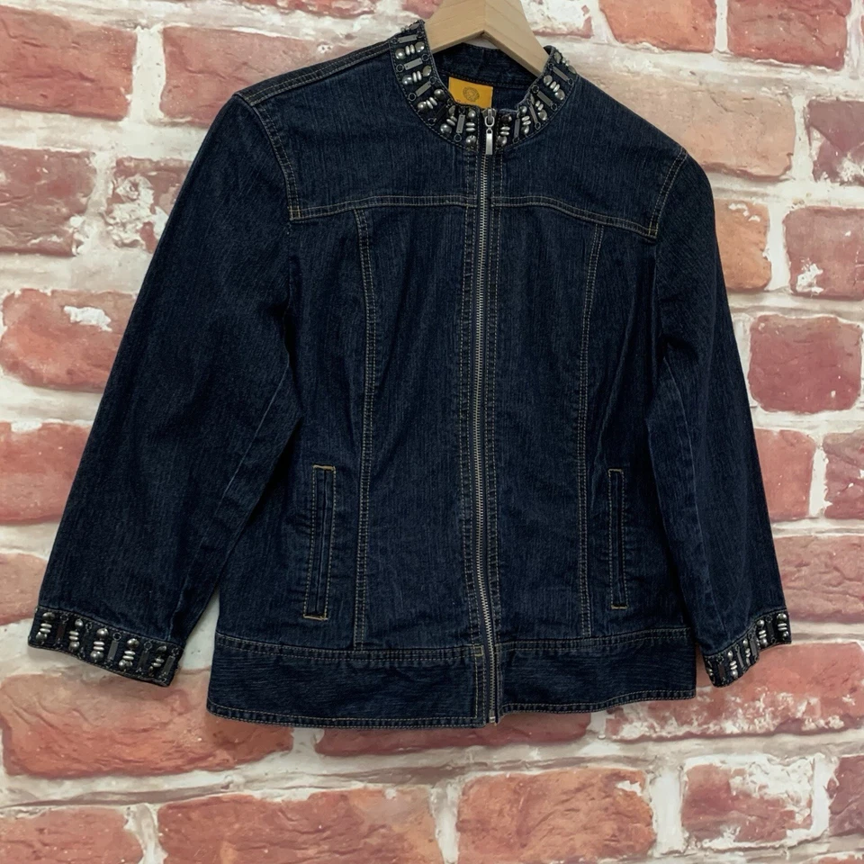 Ruby Rd Blazer Jean Jacket Womens Size 8 Blue Denim Metal Beaded Accent Zip Up - Image 2 of 4
