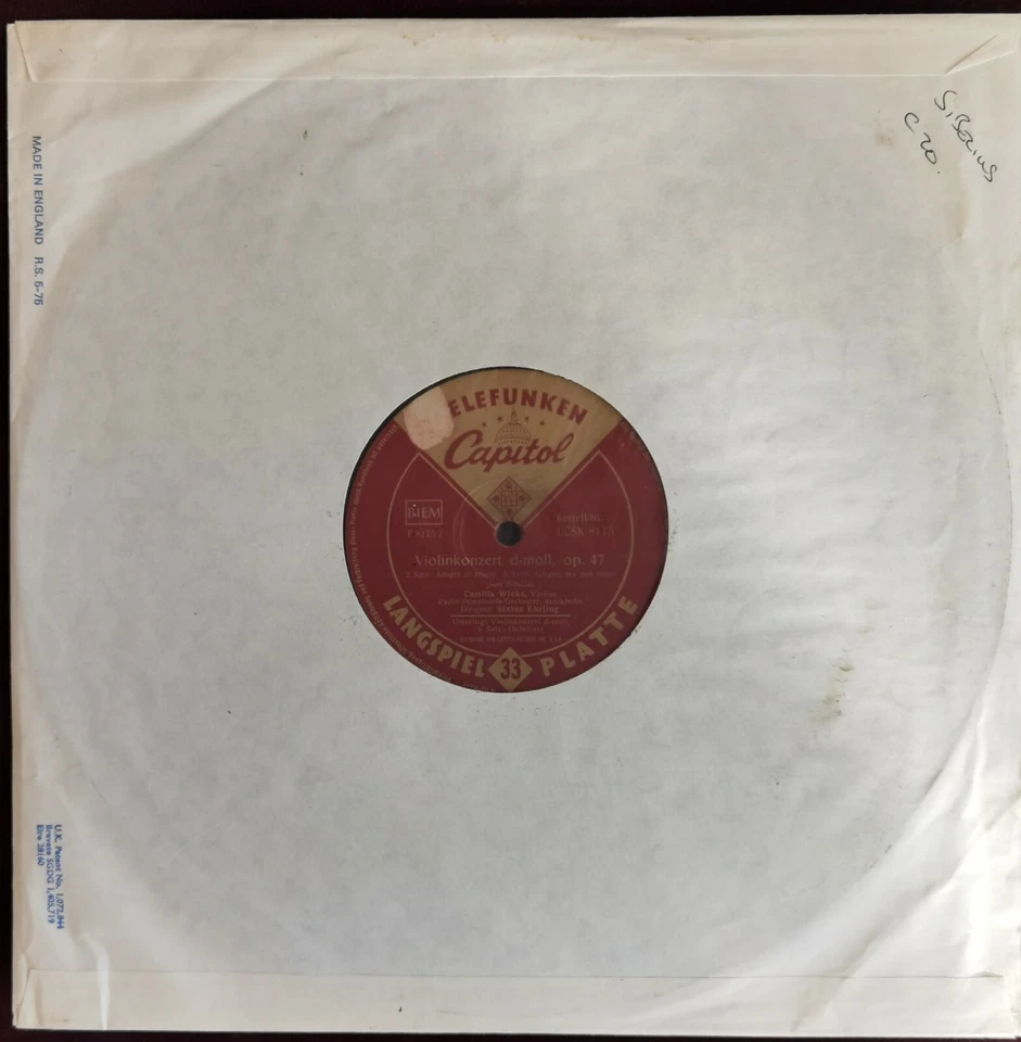 Camilla Wicks Ehrling Sibelius Violin Concerto LP Telefunken LCSK 8175 ED1 - Image 2 of 2