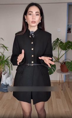 Zara Wool Blend Belted Coat Jacket Black Size M L XL Medium Large