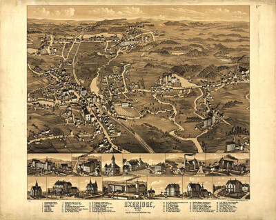 Panoramic Map of Uxbridge MA 16x20