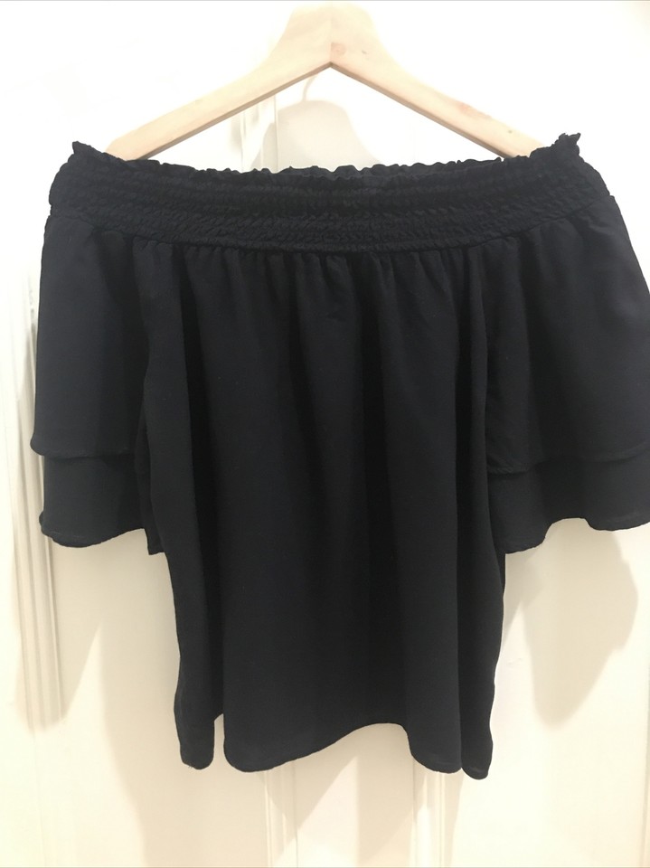 Black Shirred Off The Shoulder Double Flutter Short Sleeve Crop Top Size M 