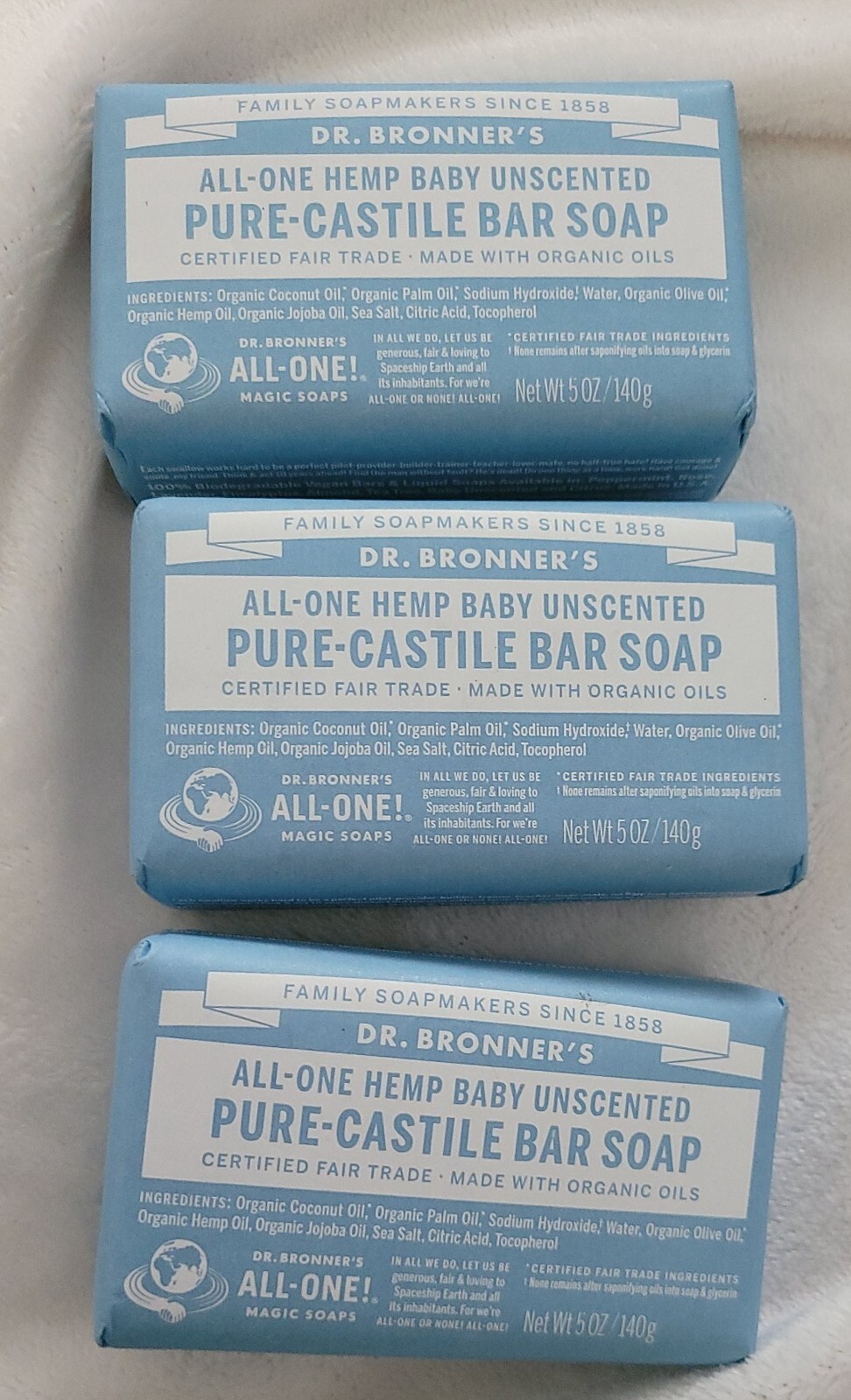 3 Dr Bronner's AllOne Hemp Baby Unscented Pure Castile Bar Soap