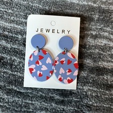 Oval Dangle Earrings 2 Tier Heart Pink Blue Red Spring Cute Fun Valentines New