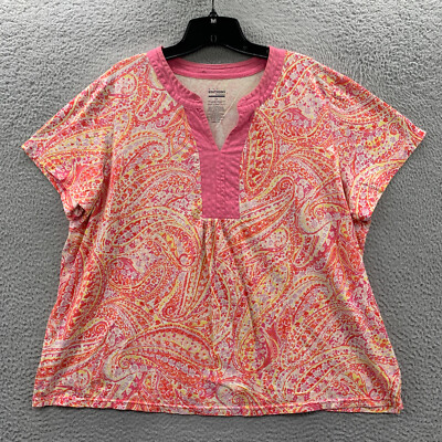 BASIC EDITIONS Blouse Womens 2X Top Paisley Short Sleeve White Pink*