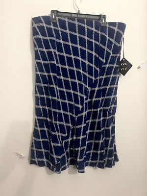 Ava & Viv Size 1X Blue & White Diagonal Plaid Midi Length Elastic Waist Skirt