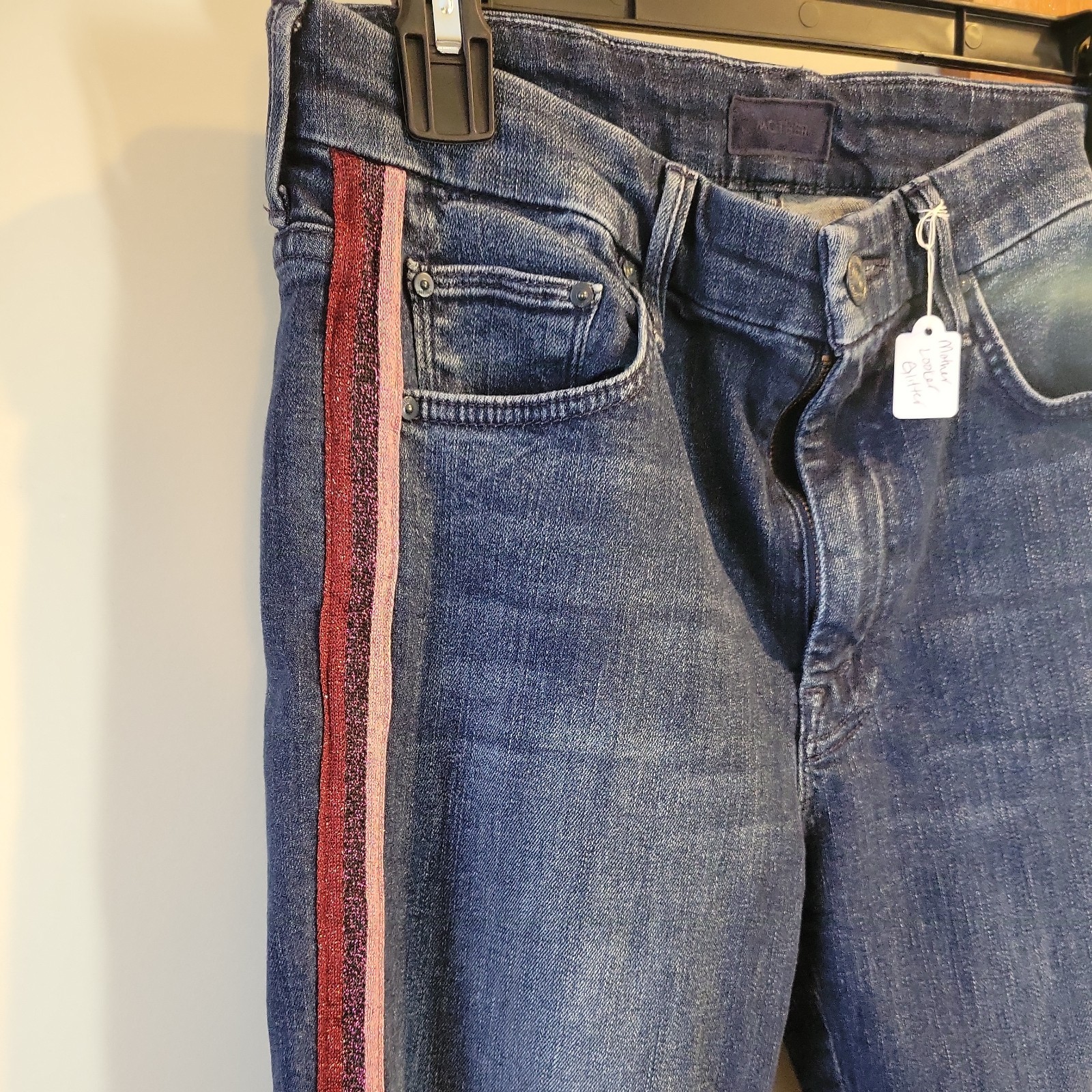 MOTHER The Looker Ankle Fray Glitter Racer Stripe Blue Jeans 28 Preowned