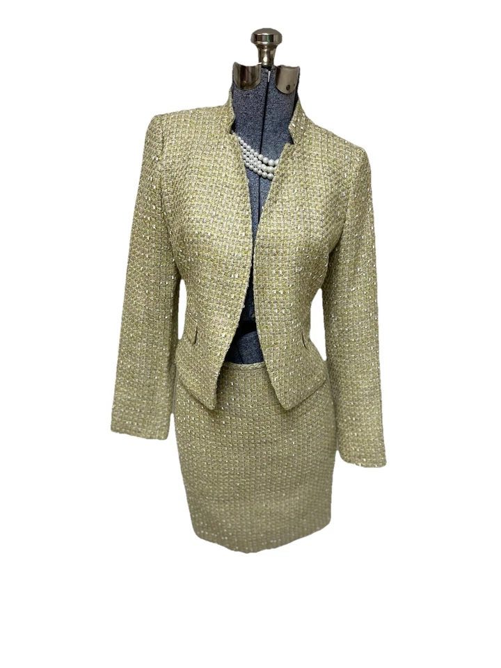 NUEVO Traje Falda Calvin Klein Talla 6P Conjunto de Dos Piezas Boucle Mezcla Algodón Bolsillos Foto 3 de 4