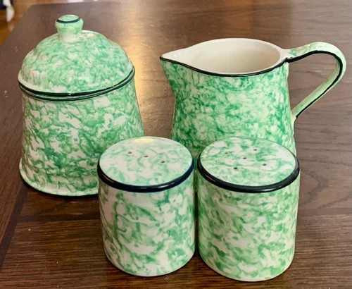 VTG Green Stangl Spongeware Town and Country Set Creamer Sugar Lid & Shakers
