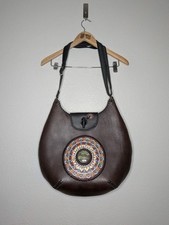 Hand Made Mexican Brown Leather Mandala Stone Artisan Tooled Boho Shoulder Bag