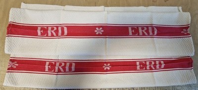 2 very nice old linen slogan towels ''ERD'' red woven stripes 0.64m x 0.46m