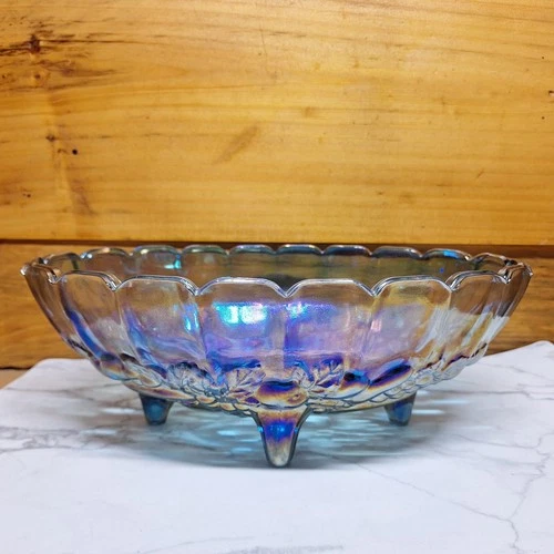Iridescent Indiana Carnival Vintage Blue Glass Oval Footed Serving Fruit Bowl