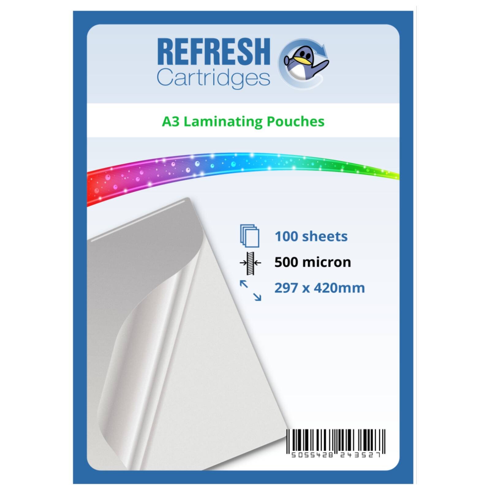 Refresh Cartridges Glossy Laminating Pouches A3 500 Micron Pack of 100 Sheets