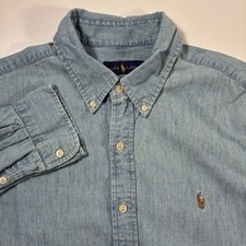 Ralph Lauren Denim Shirt Large Blue Long Sleeve Flesh Pony Chambray
