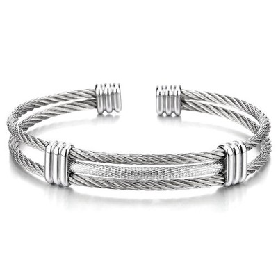 Men's Stainless Steel Cable Wire Cuff Bracelet With Twisted Rope Design, Mini...